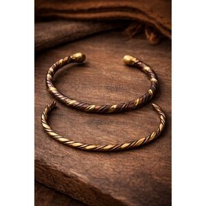 Vintage Mixed Metal Twisted Copper Brass Cuff Bracelet Set Bohemian Stackable